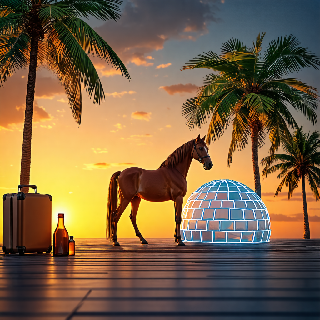 palm tree, horse, suitcase, bottle, igloo